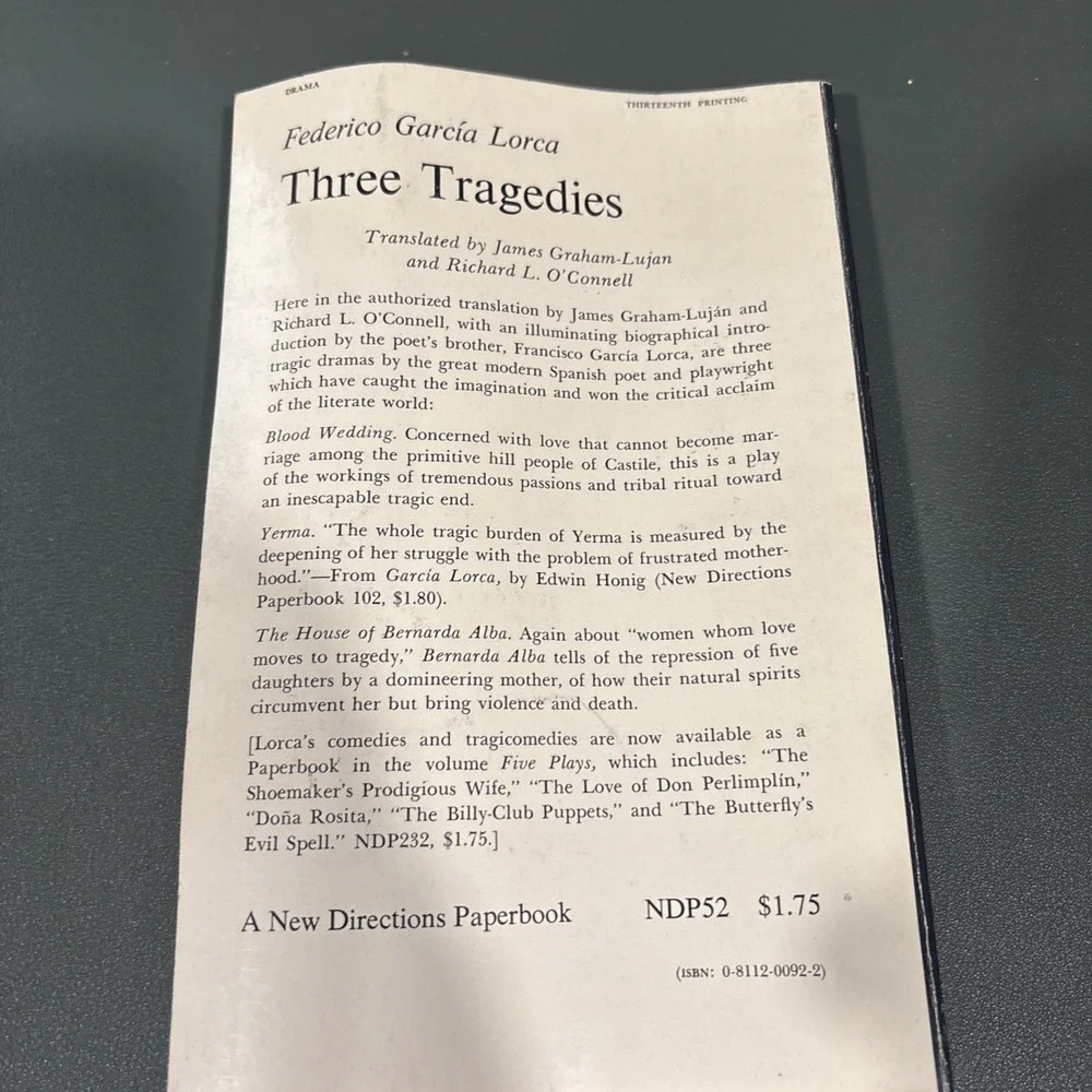 3 Tragedies by Federico García Lorca (1955) First Edition, Paperback